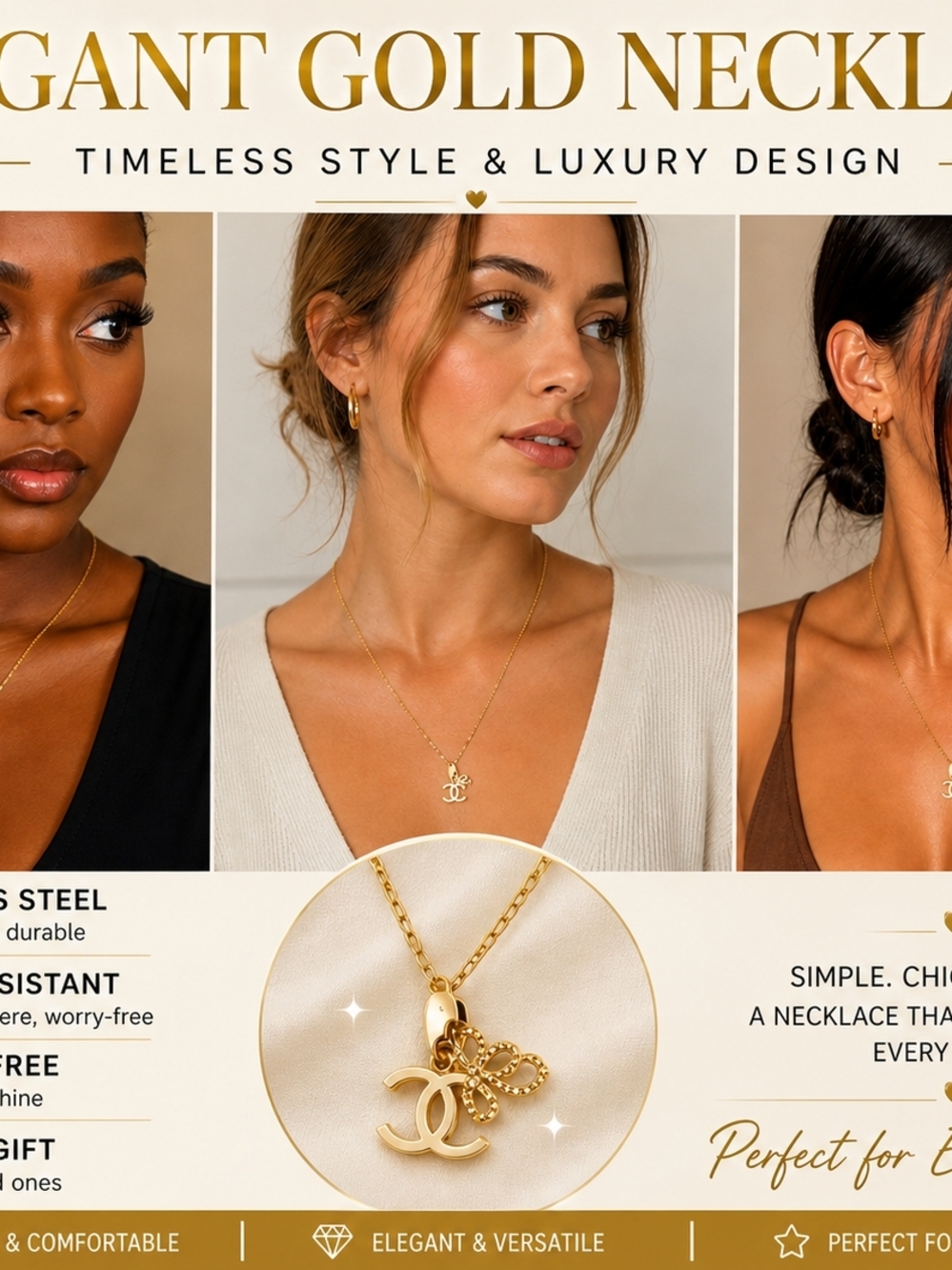 CHANEL Gold Pendant Necklace with Double C Charm